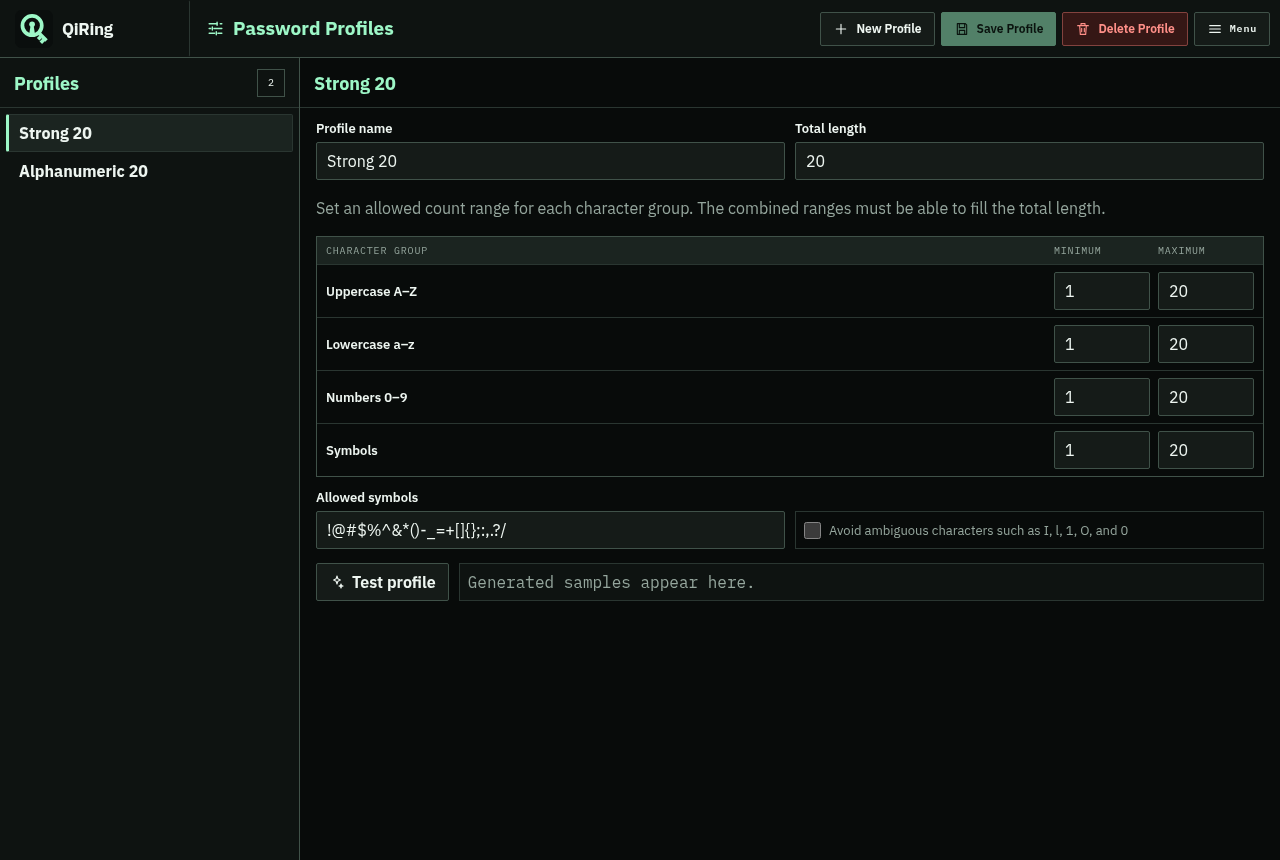 QiRing password profile editor showing the fictional demo's Strong 20 generation rules