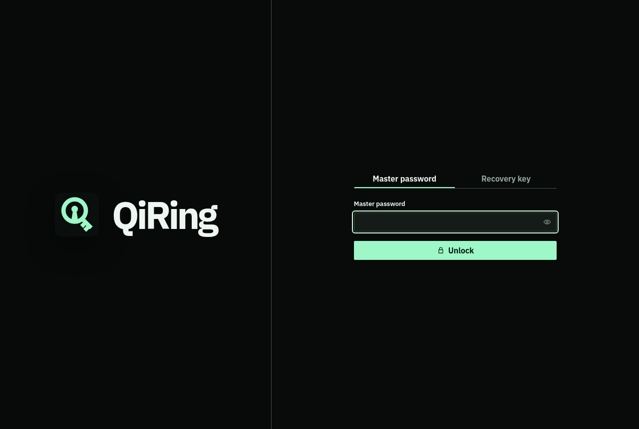 QiRing unlock screen with an empty master-password field and recovery-key option for a fictional demo Ring